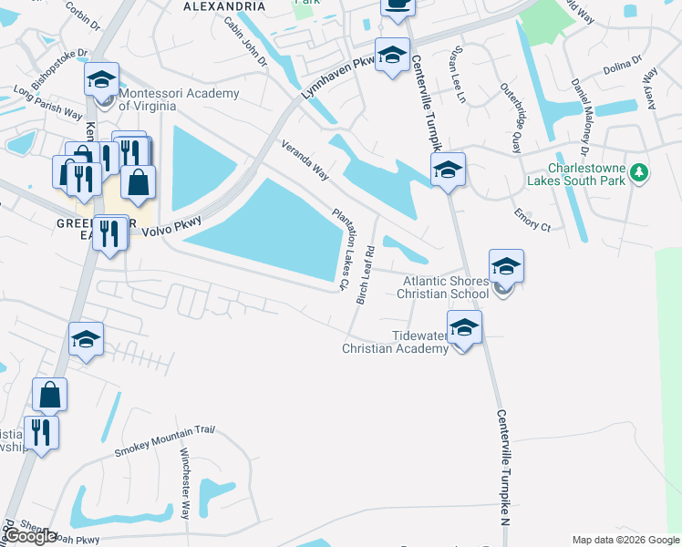 map of restaurants, bars, coffee shops, grocery stores, and more near 1309 Plantation Lakes Circle in Chesapeake