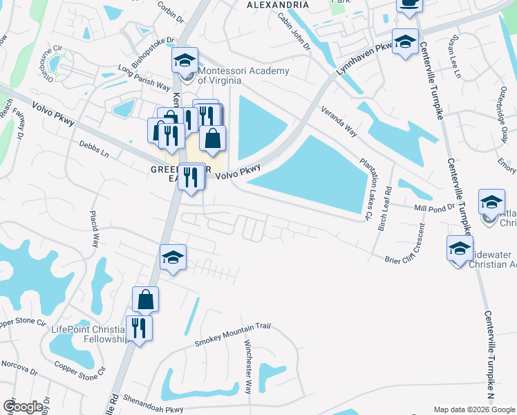 map of restaurants, bars, coffee shops, grocery stores, and more near 1435 Plantation Lakes Circle in Chesapeake