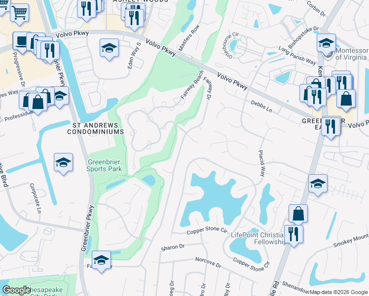 map of restaurants, bars, coffee shops, grocery stores, and more near 1220 Fairway Drive in Chesapeake