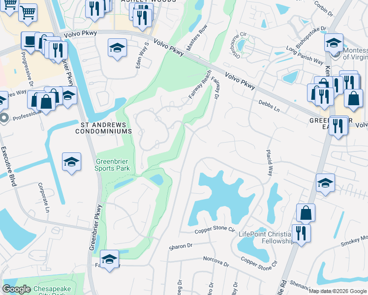 map of restaurants, bars, coffee shops, grocery stores, and more near 1220 Fairway Drive in Chesapeake