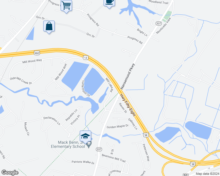 map of restaurants, bars, coffee shops, grocery stores, and more near 2025 Mill Lake Road in Suffolk