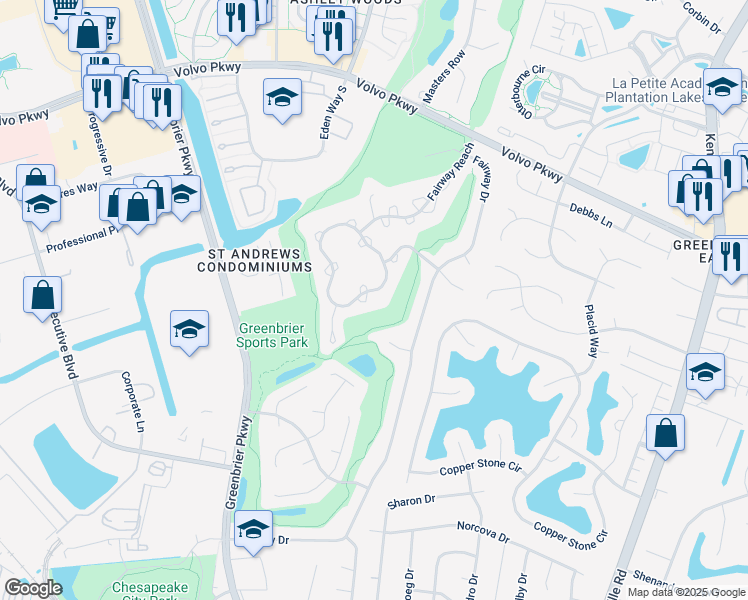 map of restaurants, bars, coffee shops, grocery stores, and more near 1031 Shoal Creek Trail in Chesapeake