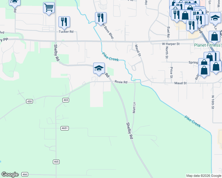 map of restaurants, bars, coffee shops, grocery stores, and more near 2504 Roxie Road in Poplar Bluff