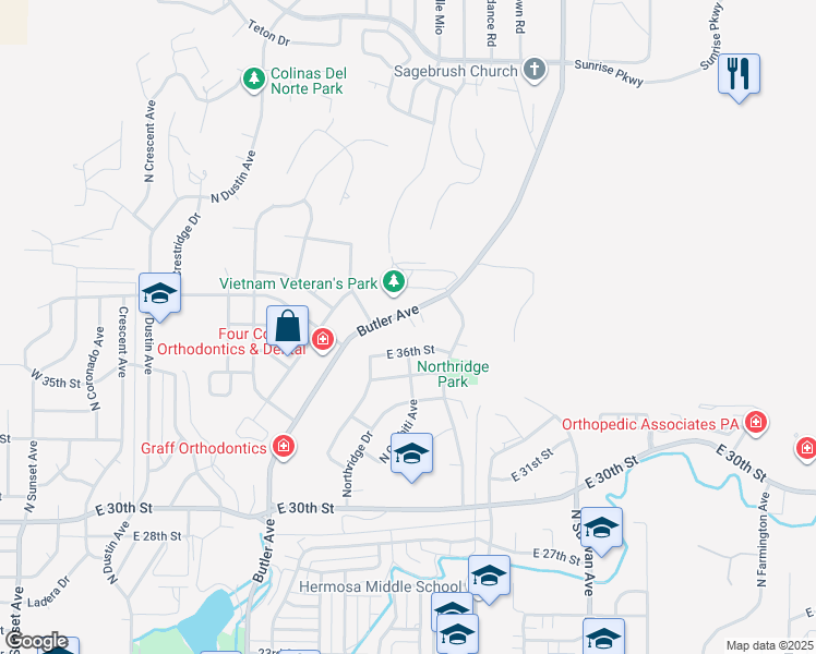 map of restaurants, bars, coffee shops, grocery stores, and more near 3860 North Butler Avenue in Farmington