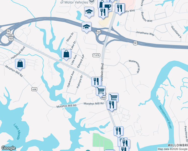 map of restaurants, bars, coffee shops, grocery stores, and more near 117 Jordan Avenue in Suffolk