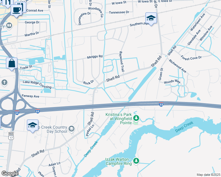 map of restaurants, bars, coffee shops, grocery stores, and more near 917 Shell Road in Chesapeake