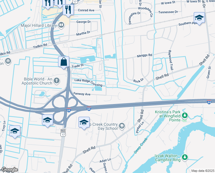 map of restaurants, bars, coffee shops, grocery stores, and more near 2651 Lake Ridge Crossing in Chesapeake