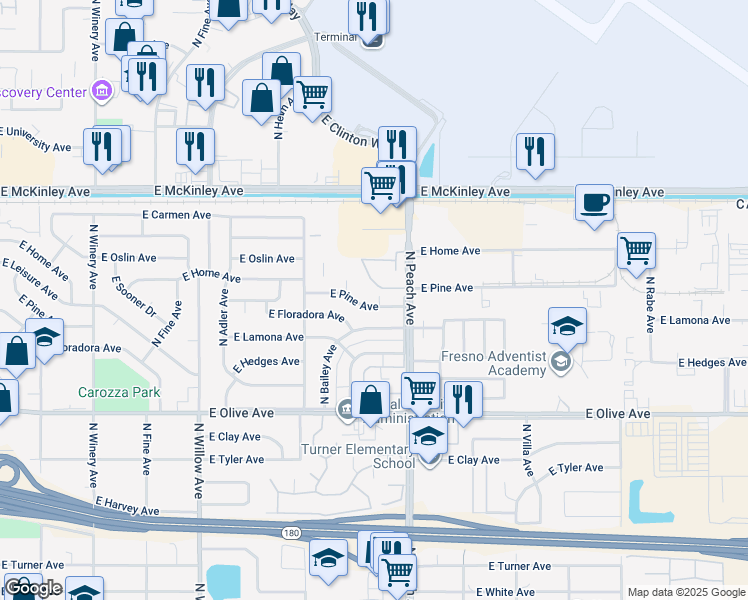 map of restaurants, bars, coffee shops, grocery stores, and more near 5167 East Pine Avenue in Fresno