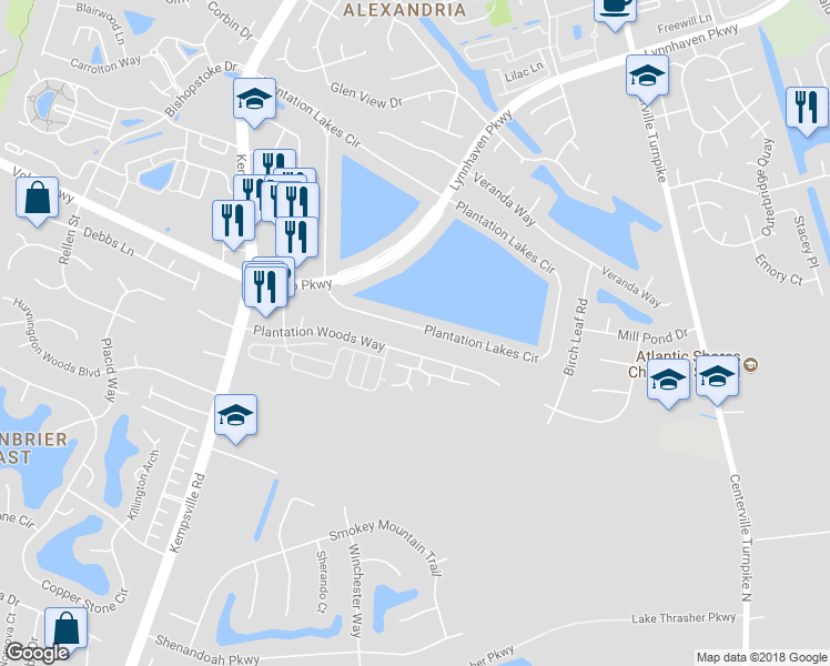 map of restaurants, bars, coffee shops, grocery stores, and more near 1428 Plantation Lakes Circle in Chesapeake