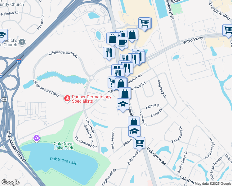 map of restaurants, bars, coffee shops, grocery stores, and more near 109 Byron St in Chesapeake