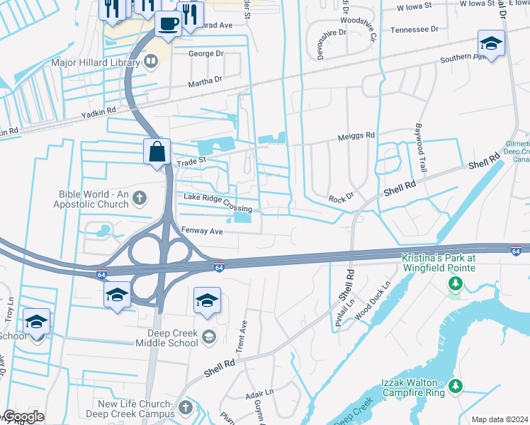 map of restaurants, bars, coffee shops, grocery stores, and more near 2651 Lake Ridge Crossing in Chesapeake