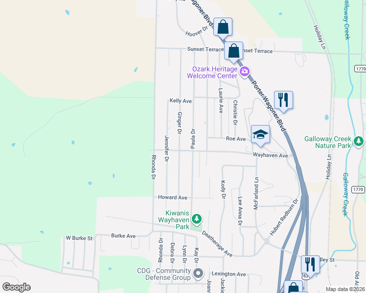 map of restaurants, bars, coffee shops, grocery stores, and more near 2707 Ginger Drive in West Plains