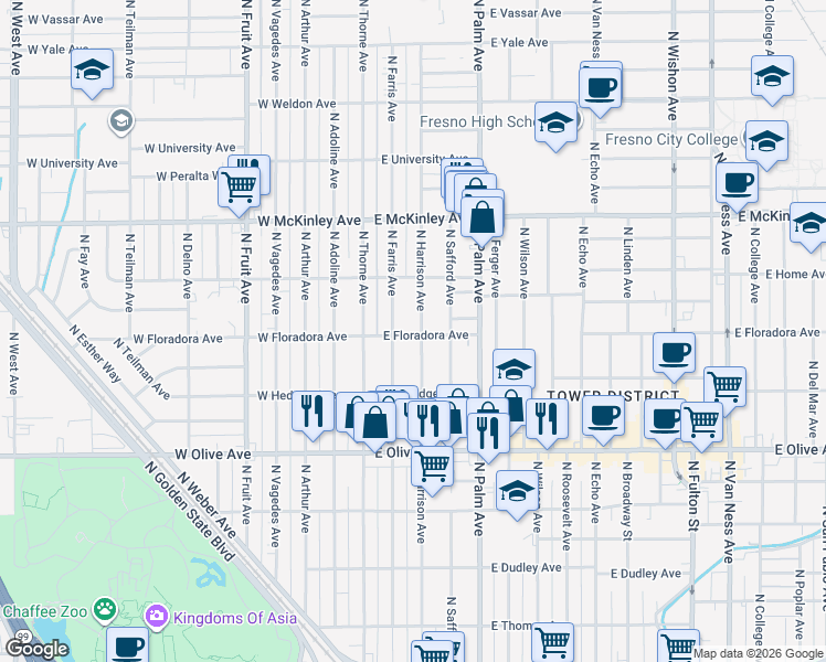 map of restaurants, bars, coffee shops, grocery stores, and more near 1441 North Harrison Avenue in Fresno