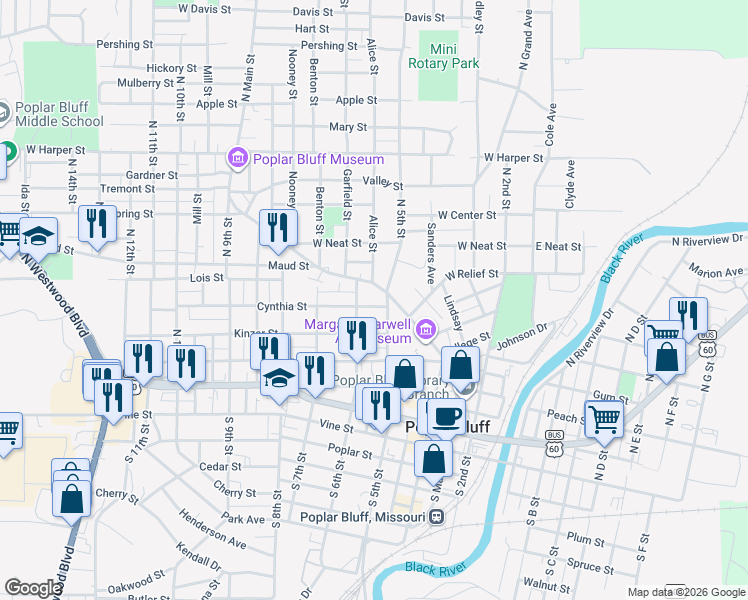 map of restaurants, bars, coffee shops, grocery stores, and more near 515 North Main Street in Poplar Bluff