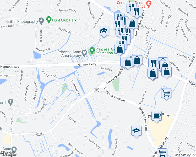 map of restaurants, bars, coffee shops, grocery stores, and more near Palermo Court in Virginia Beach