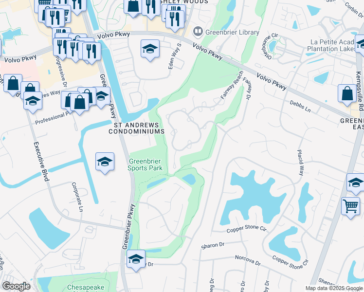 map of restaurants, bars, coffee shops, grocery stores, and more near 1008 Shoal Creek Trail in Chesapeake