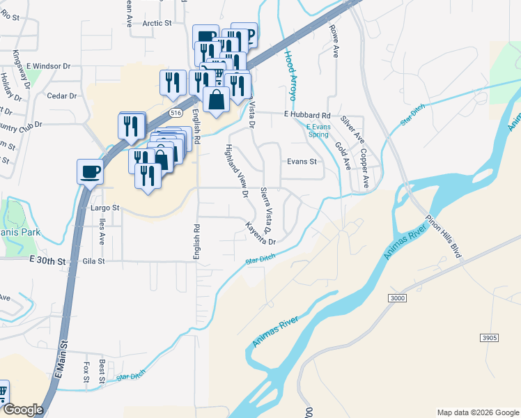 map of restaurants, bars, coffee shops, grocery stores, and more near 3606 Sierra Vista Drive in Farmington