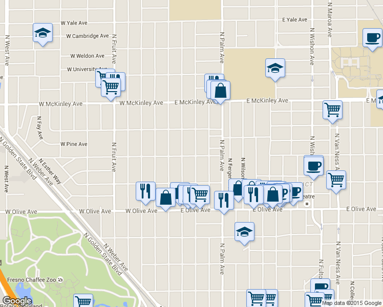 map of restaurants, bars, coffee shops, grocery stores, and more near 1441 North Harrison Avenue in Fresno