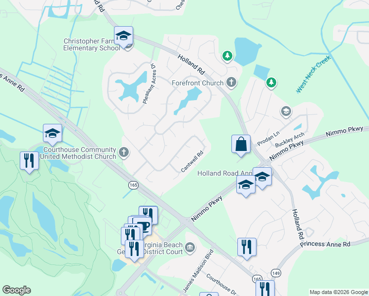 map of restaurants, bars, coffee shops, grocery stores, and more near 2625 Cantwell Road in Virginia Beach