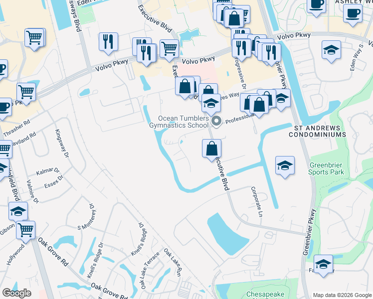 map of restaurants, bars, coffee shops, grocery stores, and more near 829 Professional Place in Chesapeake
