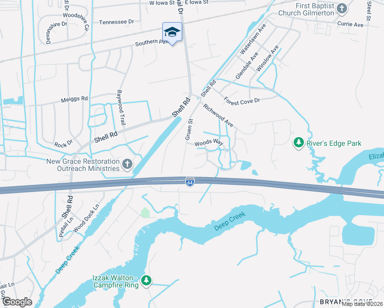map of restaurants, bars, coffee shops, grocery stores, and more near 1205 Woods Way in Chesapeake