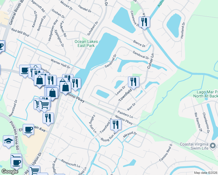 map of restaurants, bars, coffee shops, grocery stores, and more near 973 Gideon Road in Virginia Beach