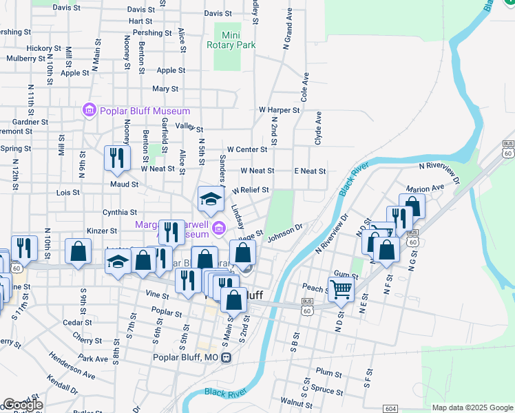 map of restaurants, bars, coffee shops, grocery stores, and more near 215 Euclid Avenue in Poplar Bluff
