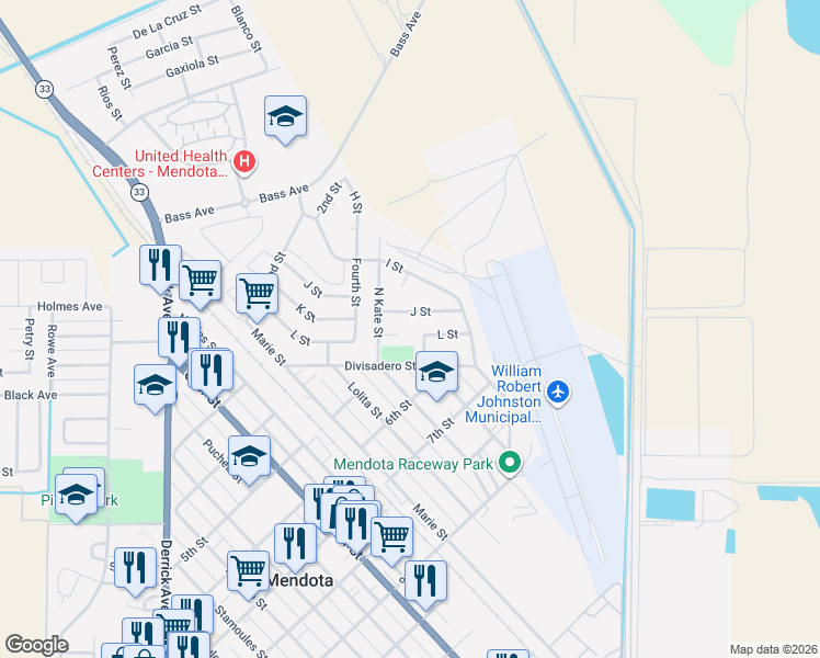 map of restaurants, bars, coffee shops, grocery stores, and more near 585 J Street in Mendota