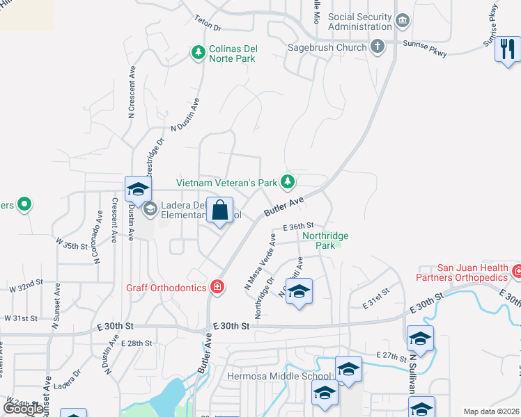 map of restaurants, bars, coffee shops, grocery stores, and more near 3802 North Butler Avenue in Farmington