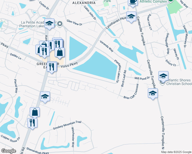 map of restaurants, bars, coffee shops, grocery stores, and more near 1419 Plantation Lakes Circle in Chesapeake
