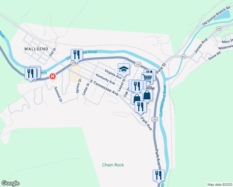 map of restaurants, bars, coffee shops, grocery stores, and more near 402 Kentucky Avenue in Pineville
