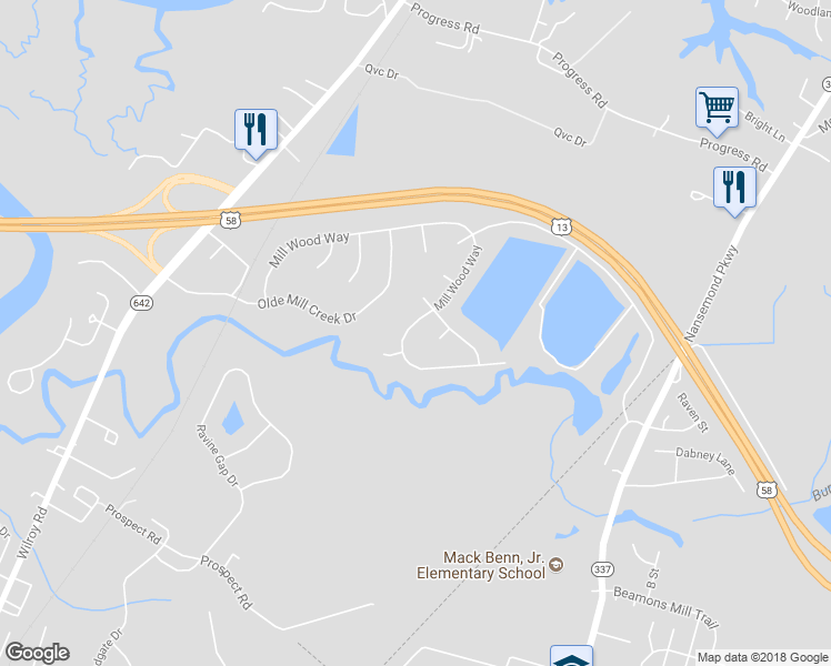 map of restaurants, bars, coffee shops, grocery stores, and more near 1775 Mill Wood Way in Suffolk