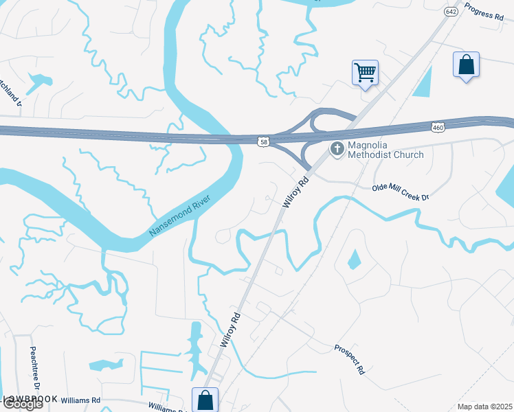 map of restaurants, bars, coffee shops, grocery stores, and more near 1545 River Creek Crescent in Suffolk