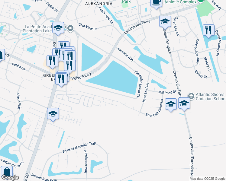map of restaurants, bars, coffee shops, grocery stores, and more near 1419 Plantation Lakes Circle in Chesapeake