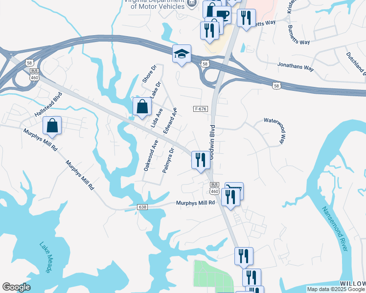 map of restaurants, bars, coffee shops, grocery stores, and more near 110 Jordan Avenue in Suffolk