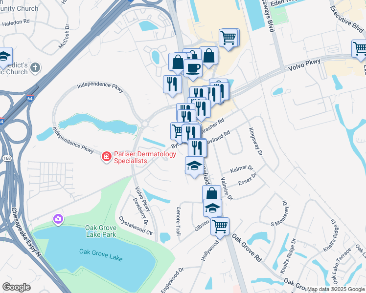 map of restaurants, bars, coffee shops, grocery stores, and more near 109 Byron Street in Chesapeake