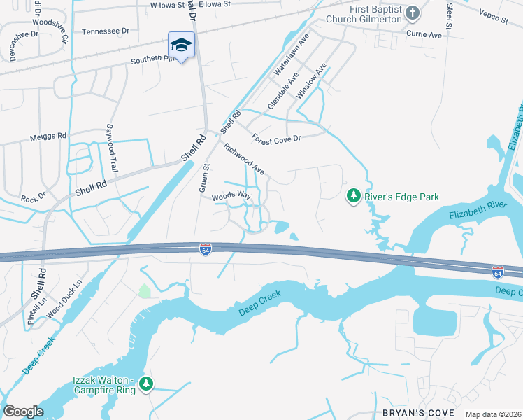 map of restaurants, bars, coffee shops, grocery stores, and more near 304 Paperbark Trail in Chesapeake