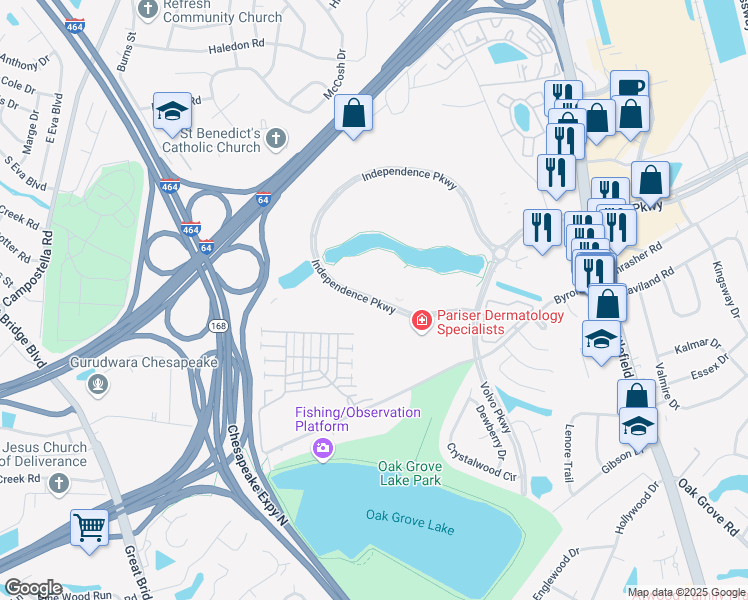 map of restaurants, bars, coffee shops, grocery stores, and more near Independence Parkway in Chesapeake