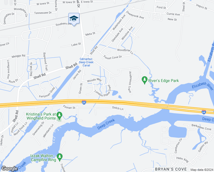 map of restaurants, bars, coffee shops, grocery stores, and more near 1230 London Plane Crest in Chesapeake