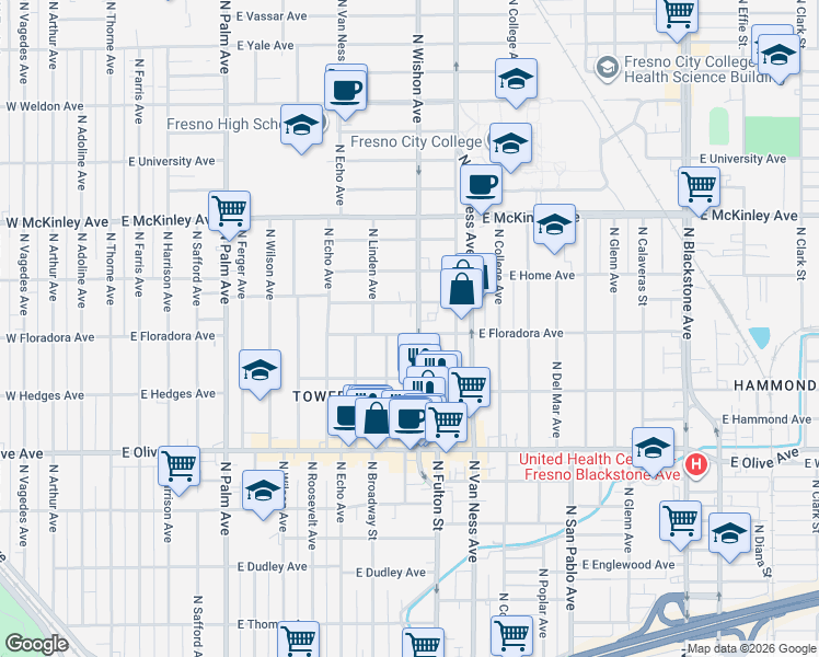 map of restaurants, bars, coffee shops, grocery stores, and more near 1401 North Wishon Avenue in Fresno