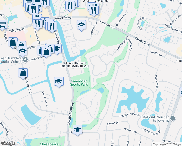 map of restaurants, bars, coffee shops, grocery stores, and more near 931A Shoal Creek Trail in Chesapeake