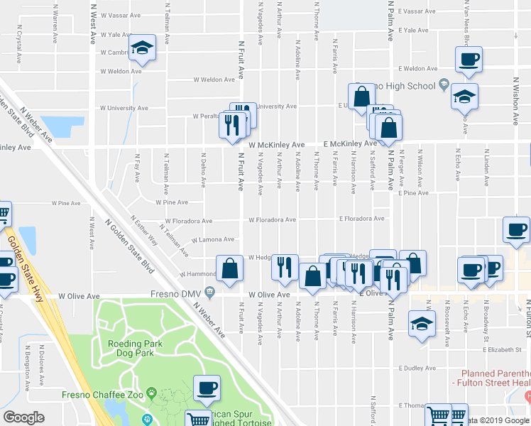 map of restaurants, bars, coffee shops, grocery stores, and more near 1445 North Arthur Avenue in Fresno