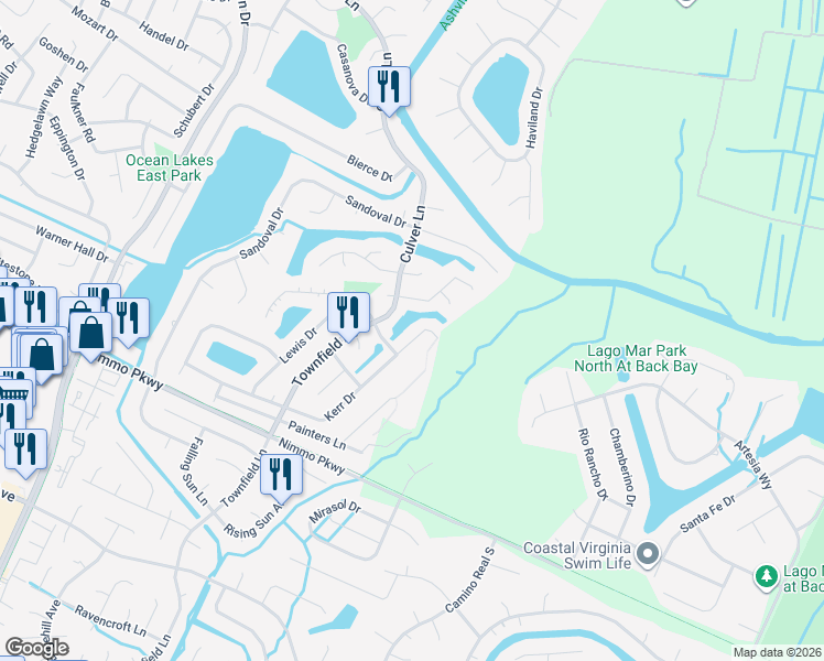 map of restaurants, bars, coffee shops, grocery stores, and more near 841 Ringfield Road in Virginia Beach