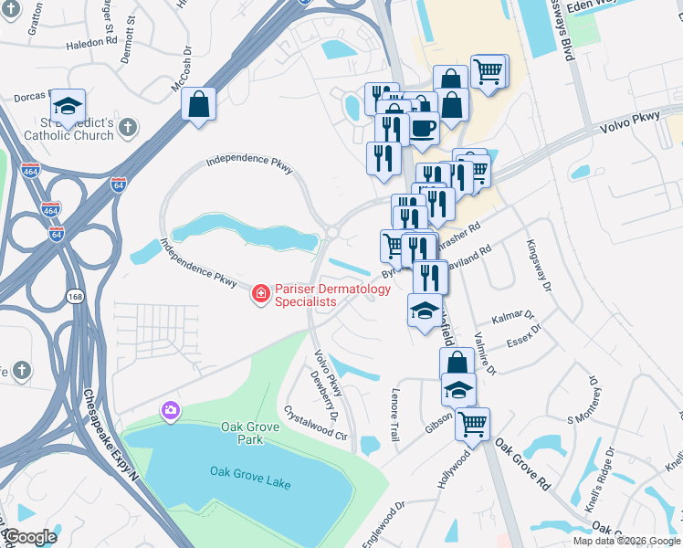 map of restaurants, bars, coffee shops, grocery stores, and more near 228 Crosswinds Drive in Chesapeake