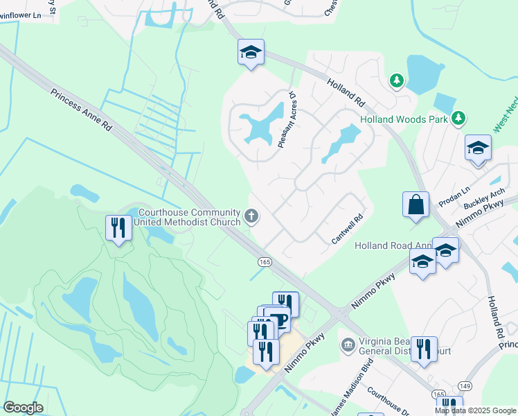 map of restaurants, bars, coffee shops, grocery stores, and more near 2733 Cantwell Road in Virginia Beach