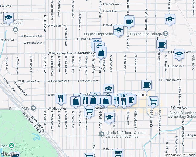 map of restaurants, bars, coffee shops, grocery stores, and more near 1411 North Palm Avenue in Fresno