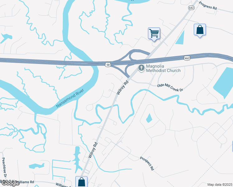 map of restaurants, bars, coffee shops, grocery stores, and more near 1647 Wilroy Road in Suffolk