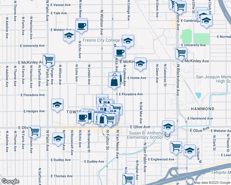map of restaurants, bars, coffee shops, grocery stores, and more near 1437 North Van Ness Avenue in Fresno