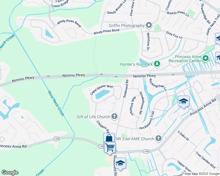 map of restaurants, bars, coffee shops, grocery stores, and more near 1809 Capel Manor Way in Virginia Beach