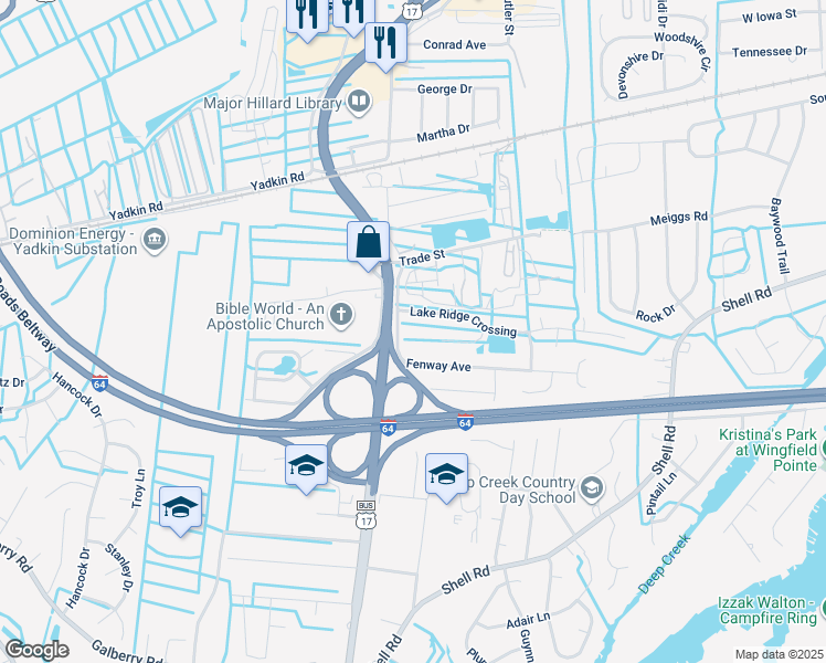 map of restaurants, bars, coffee shops, grocery stores, and more near 2756 Fenway Avenue in Chesapeake
